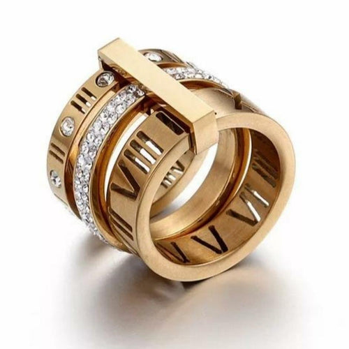 18K Gold Plated Triple Stacked Roman Numeral Band Ring - Pre Order - Prince's Boutique 