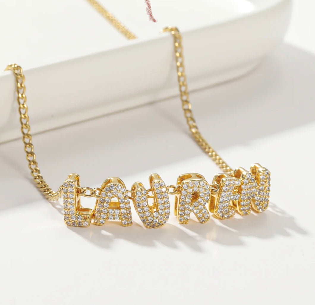 Personalised 3D Bubble Font Cubic Zirconia Filled Name Necklace