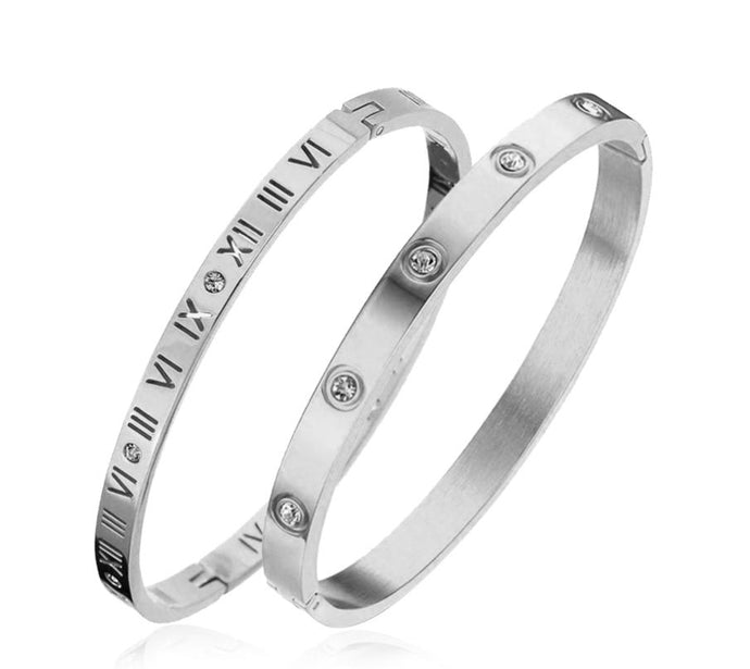 Silver Roman Numeral Bangle & Cubic Zirconia Bangle Set - Prince's Boutique 