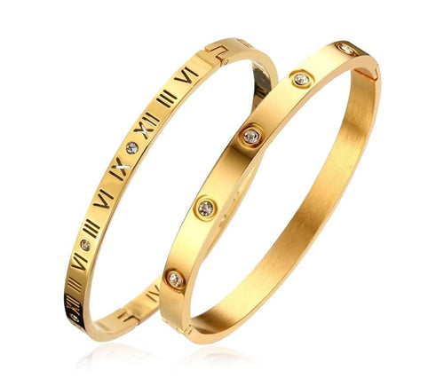 18K Gold Plated Roman Numeral Bangle & Cubic Zirconia Bangle Set - Prince's Boutique 
