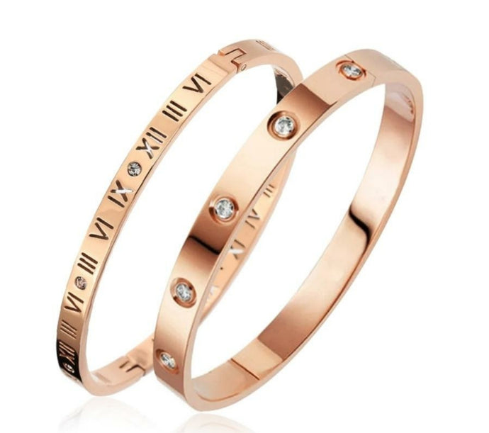 Rose Gold Silver Roman Numeral Bangle & Cubic Zirconia Bangle Set - Prince's Boutique 