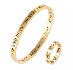 18K Gold Plated Roman Numaral Bangle & Ring Set - Prince's Boutique 